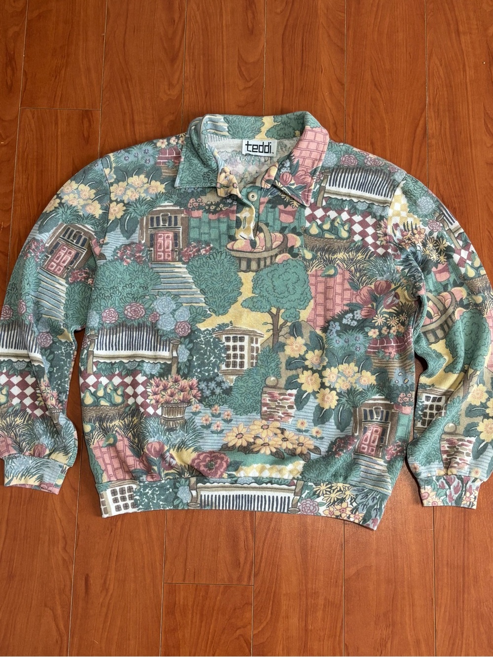 Vintage 90’s AOP Teddi Cottagecore Garden Print Polo Sweater Womens Medium